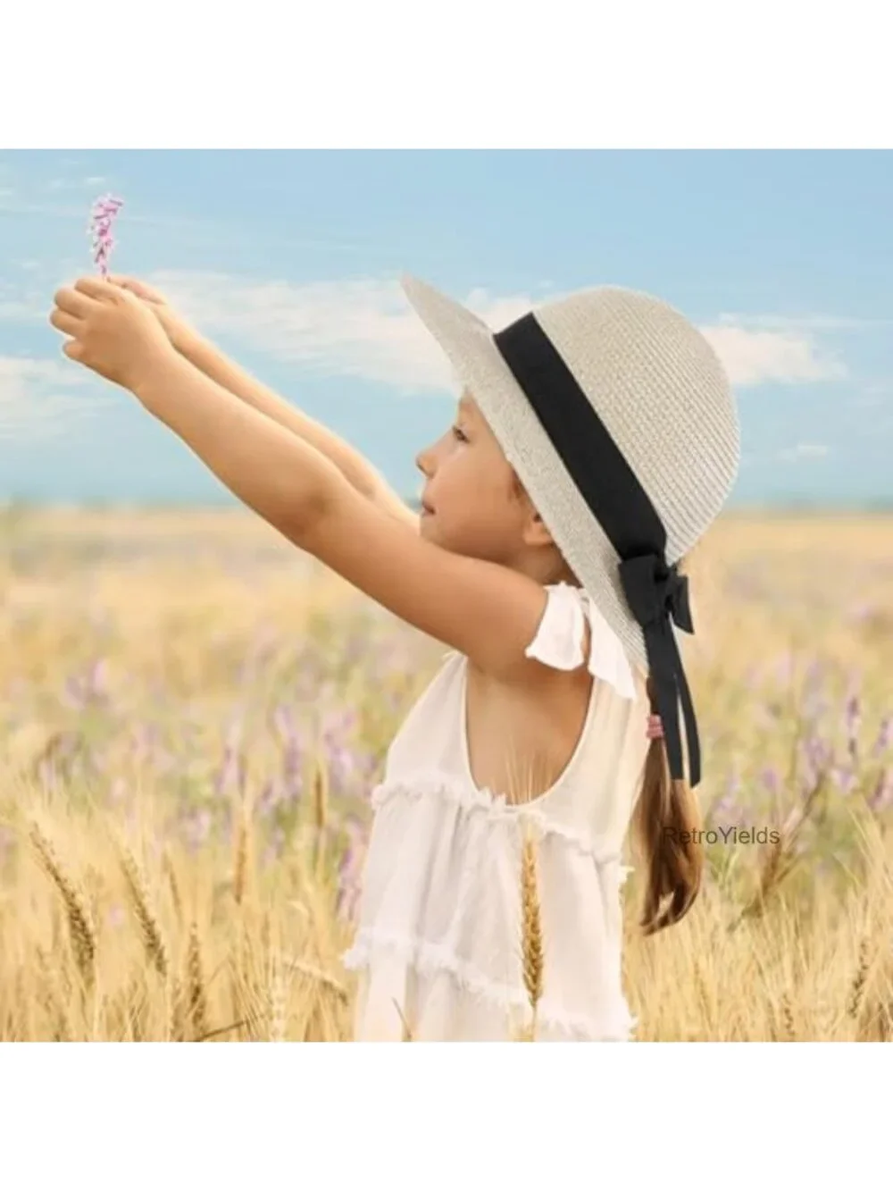 Girls Straw Sun Hat with Bowknot, Wide Brim Floppy Beach Hat, UPF 50+ Outdoor